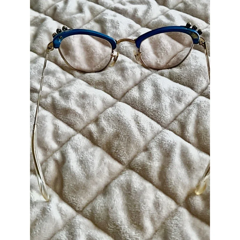 Vintage American Optical 1/10 12KGF Blue Cat Eye Rhinestone Eyeglass Frames